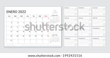 2022 Spanish calendar. Planner template. Week starts Monday. Vector. Calender layout with 12 month. Table schedule grid. Yearly stationery organizer. Horizontal monthly diary. Simple illustration.