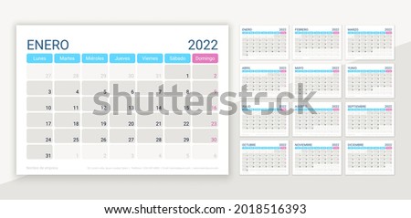 Spanish 2022 calendar. Desk planner template. Calender layout for year. Vector. Week starts Monday. Schedule grid. Yearly organizer with 12 month. Horizontal monthly diary. Simple illustration.