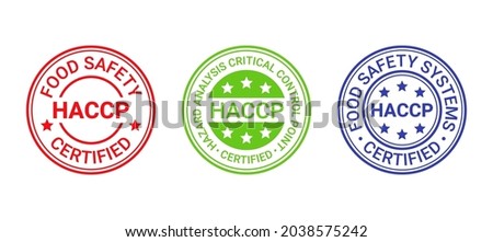 HACCP food safety system stamp, badge. Hazard analysis Critical Control Points seal imprint. Set icons isolated on white background. Certified round emblem. Quality warranty mark. Vector illustration