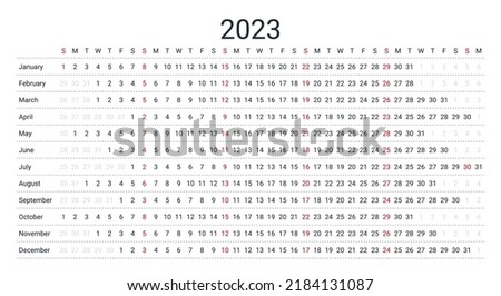 2023 calendar. Linear horizontal planner for year. Yearly calender template. Week starts Sunday. Annual schedule grid with 12 months. Landscape orientation, english. Simple design. Vector illustration