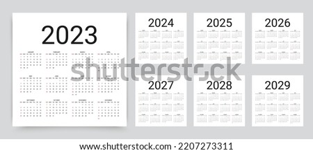 2023, 2024, 2025, 2026, 2027, 2028, 2029 years calendar. Calender layout. Week starts Sunday. Desk planner template with 12 months. Square organizer grid. Yearly stationery diary. Vector illustration