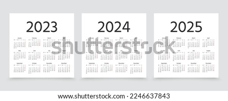 2023 2024 2025 years calendars. Week starts Monday. Simple calender layout. Desk calendar template with 12 month. English yearly stationery organizer. Vector illustration. Minimal style. Square shape