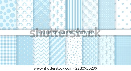 Blue seamless background. Scrapbook baby shower patterns. Set cute prints with polka dots, stripes, zigzag, plaid. Retro pastel texture. Geometric childish wrapping backdrop. Color vector illustration