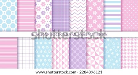 Seamless pattern. Pastel backgrounds. Set scrapbook prints. Cute textures with stripes, polka dot, flowers, heart and check. Baby shower packing paper for scrap design. Color vector illustration