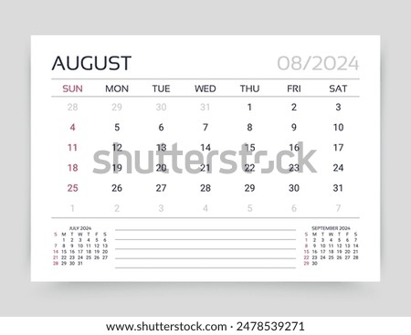 August 2024 year calendar. Week starts Sunday. Planner calender template. Desk monthly organizer. Table schedule grid. Timetable layout. Corporate diary. Vector simple illustration. Paper size A5