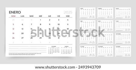 Calendar 2025 year. Spanish planner template. Week starts Sunday. Calender layout. Yearly corporate organizer. Desk schedule grid. Horizontal monthly diary with 12 month. Vector simple illustration