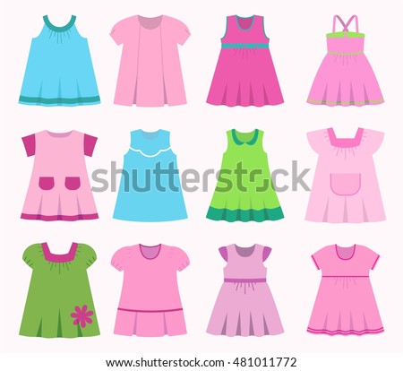 Set children's summer dresses. Collection cute clothes for girls. Vector illustration.