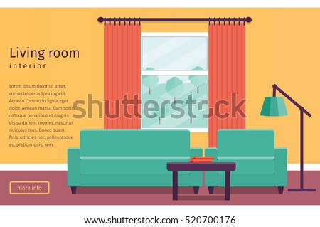 Living room interior with window in flat design. Banner with text. Vector illustration. Background.