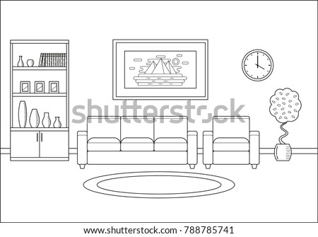 Room interior. Living room in line art flat design. Linear vector illustration. Outline house equipment. Home space with sofa, armchair and cupboard. Cartoon furniture.