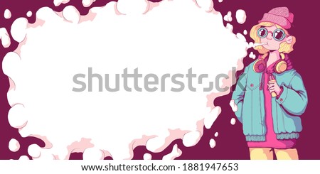 Teenager girl vaper stand and smoke vape mode. Vaping woman. Alternative to smoking. Quit smoking. Healthy lifestyle. Vector illustration in colorful cartoon style. Horizontal banner with copy space. 