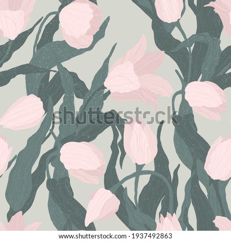 Seamless pattern of pink tulip flowers on light green background. Vector illustration. Best for wrapping, textile or print design. Symbol of springtime. 