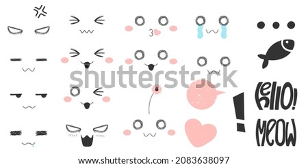 Kawaii cats various emotions: happy, love, kiss, angry, crying, confused and etc in anime or manga style. Hand drawn bundle  with funny kitten faces in cartoon flat design isolated on white background
