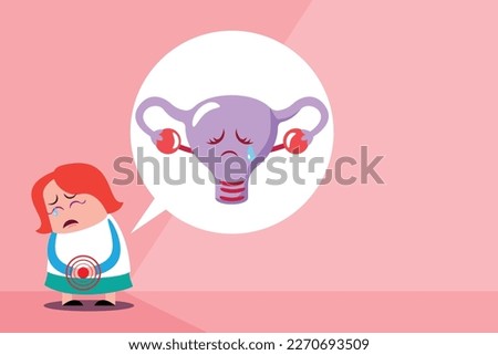 cute cartoon flat vector, illustration emotion woman cry because uterus pain , imflammation, endometritis.  