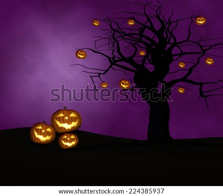 Several Carved Jack O Lanterns with Glowing Light sitting on hill with tree silhouette in background with small glowing pumpkins hanging from branches against a dark purple night sky