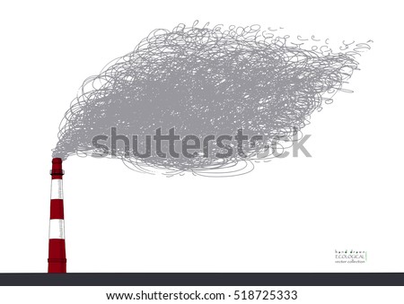 Smokestack on white background. Illustration of air pollution caused by fume from factory and plant pipe, tube, trunk. Colored hand drawn ink vector sketch. Ecological collection.