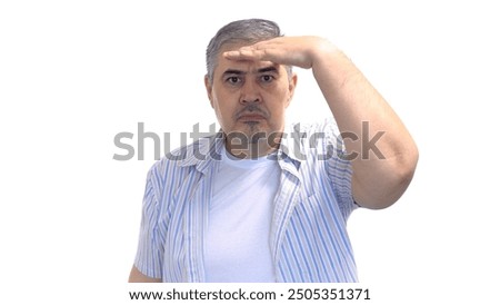 Similar – Image, Stock Photo A curious man peers over a garden fence. He is wearing a straw hat. Thunderclouds can be seen in the background.