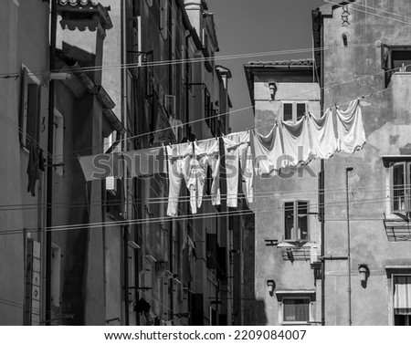 Similar – Image, Stock Photo Towels on clothesline between two trees on the campsite. In the background a caravan with awning.