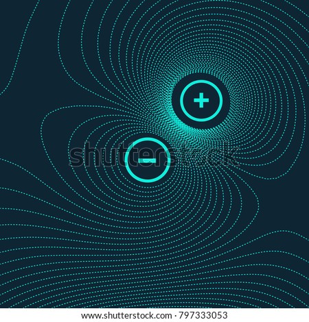 Vector abstract illustration with topographic lines of two charged particles interacting in dark blue cyan colors. Magnetic field between two atoms.