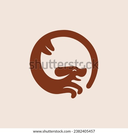 A logo featuring the silhouette of a happy and smiling brown dog joyfully chasing its own tail, designed in a circular shape.