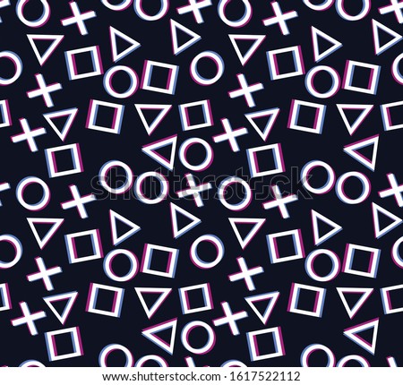 Seamless pattern.Design game play station 4 symbols icons playstation 5.Square, cross, circle, triangle on a dark background.
