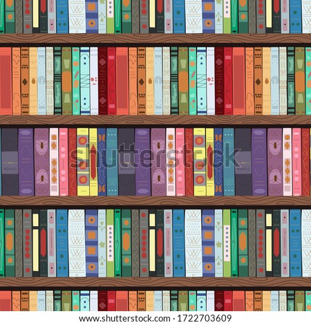 Wooden bookcase full of different books. Seamless pattern. Education library and bookstore concept. Vector illustration.