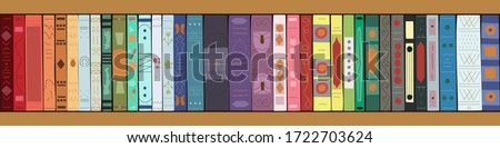 Wooden bookcase with books. Bookshelves with multicolored books. Vector illustration in flat style. Horizontal banner