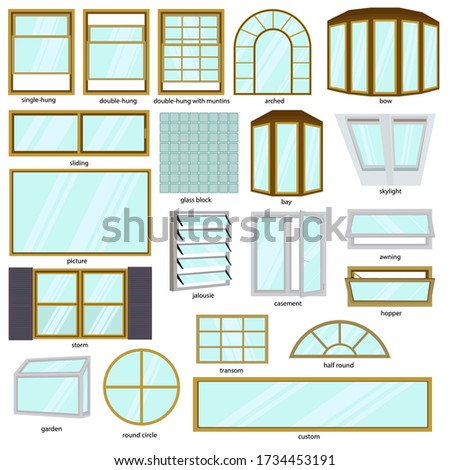 Different windows types. Architecture window set. Vector illustration isolated on white background.