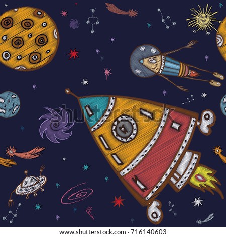 Adventures in Space  embroidery seamless pattern. Astronaut,  space x, dragon capsules, space suit. Set for children's drawing. Can be used for clothes, textiles, t-shirt print fashion design.Vector