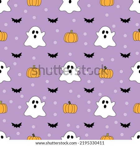 Halloween seamless pattern with pumpkin, ghost and bat in purple background. Halloween greeting cards. holiday season wallpaper, gift paper, pattern fills, web page background.