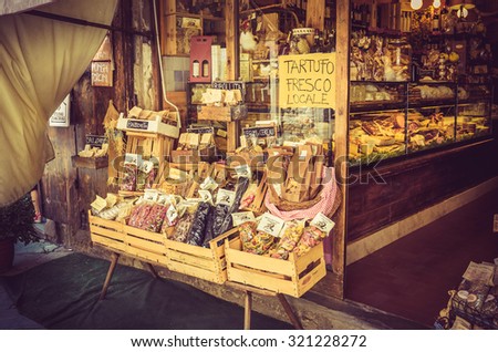 AREZZO, ITALY - JUNE 26, 2015: small pasta shop in antique tuscan Arezzo city, Italy