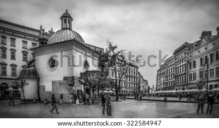 CRACOW, POLAND - MAY 01, 2015: black and white photo of St. Adalbert church at the Main Square in Cracow ( Krakow ), Poland