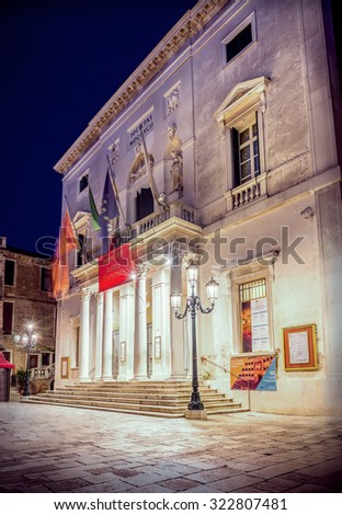 VENICE, ITALY - MAY 29, 2015: Illuminated La Fenice theater at night in Venice, Italy