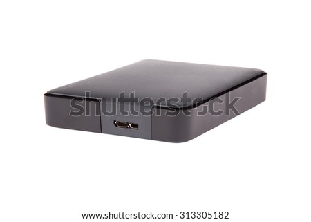 black external hard disk drive, portable storage, isolated on white