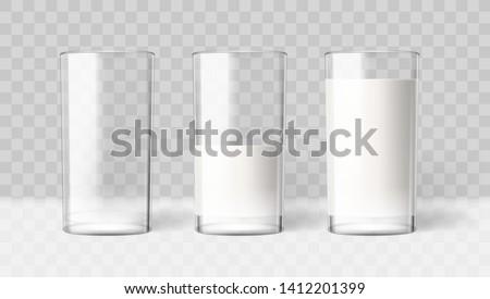 Empty And Full Realistic Transparent Milk In A Glass. Diet Drink Product. EPS10 Vector