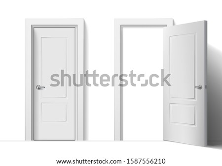 Realistic Open And Closed White Entrance Doors. EPS10 Vector