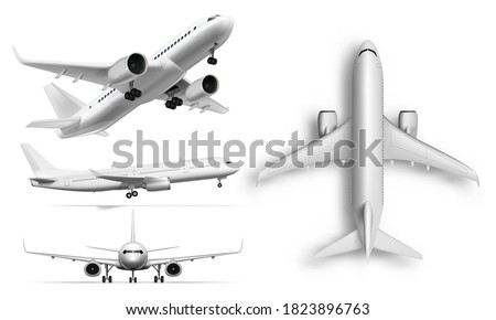 Flying Airplane, Jet Aircraft. Top, Front, Side And 3D Perspective View. EPS10 Vector