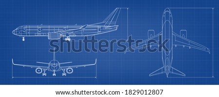 Airplane Blueprint. White Outline Aircraft On Blue Background. EPS10 Vector