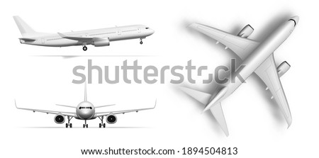 Flying Airplane, Jet Aircraft. Top, Front, Side And 3D Perspective View. EPS10 Vector