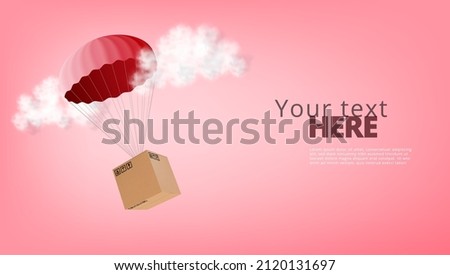 3D Red Parachute With Brown Carton Delivery Packaging Box With Fragile Icons. EPS10 Vector