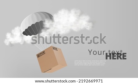 3D White Parachute With Brown Carton Delivery Packaging Box With Fragile Icons. EPS10 Vector
