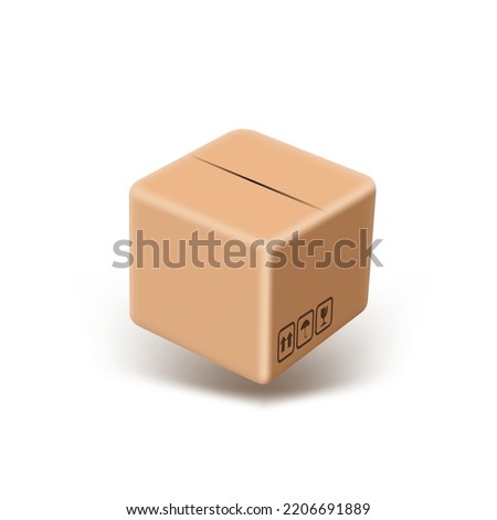 3D Rounded Corners Brown Parcel Box With Caution Icons. EPS10 Vector