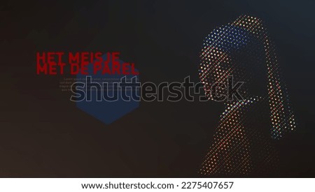 Girl With A Pearl In Hexagon Halftone Pattern Printed Style. EPS10 Vector