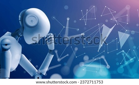 3D Female Robot Sit And Thinking Isolated On Blue Background. EPS10 Vector