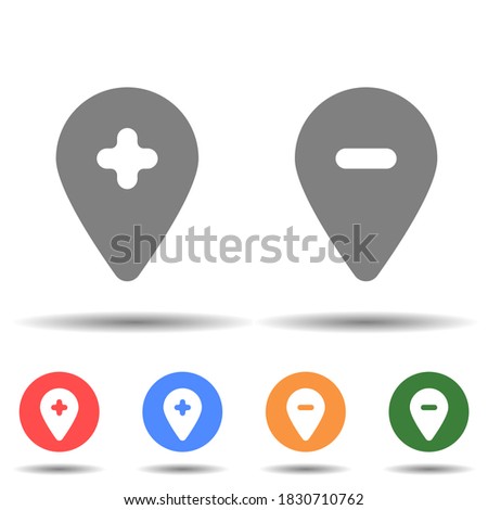 Location pin with cross line icon. Hospital add remove location