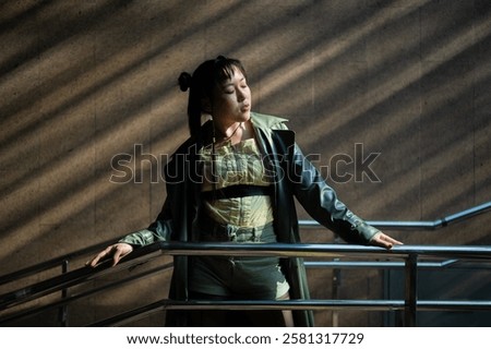 Similar – Image, Stock Photo Asian woman, posing near a tobacco drying shed, wearing a white dress and green wellies.