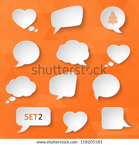 White paper bubbles for speech on an orange background. Universal set 2. Abstract design. Vector illustration.