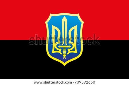 Coat of Arms of Ukrainian Nationalists (OUN-UPA) against the background of the red-and-white flag. Vector illustration