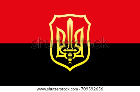 Coat of Arms of Ukrainian Nationalists (OUN-UPA) against the background of the red-and-white flag. Vector illustration