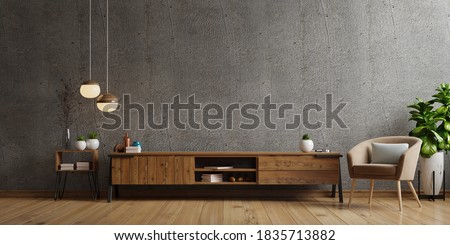 Cabinet TV in modern living room with armchair,lamp,table,flower and plant on concrete wall background,3d rendering