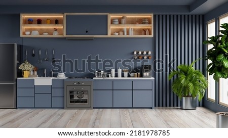 Similar – Image, Stock Photo Corner of stylish kitchen with white and brick walls, wooden floor, wooden countertops